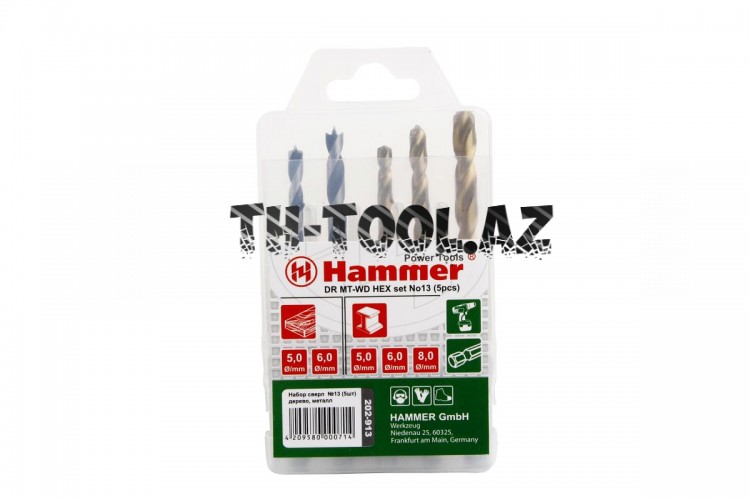 37081 Набор сверел Hammer Flex 202-913 DR set No13 HEX (5pcs) 5-8mm  металл\дерево, 5шт.