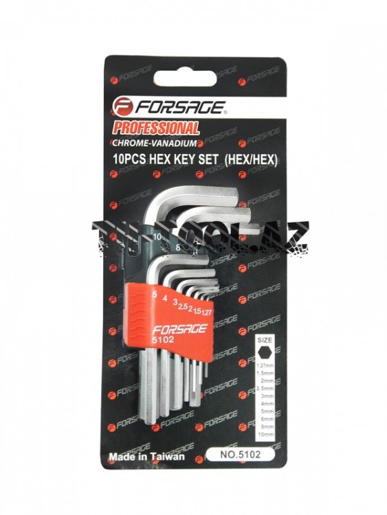 Набор ключей 6-гранных Г-образных 10пр.(1.27, 1.5, 2, 2.5, 3-6, 8, 10мм)в пластиковом держателеForsage_Forsage